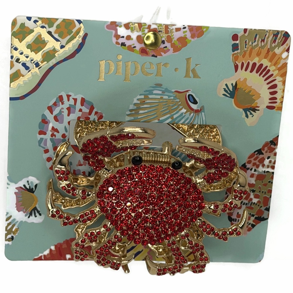 Piper K Crab Hair Claw Clip Gold Tone Red Rhinestones.